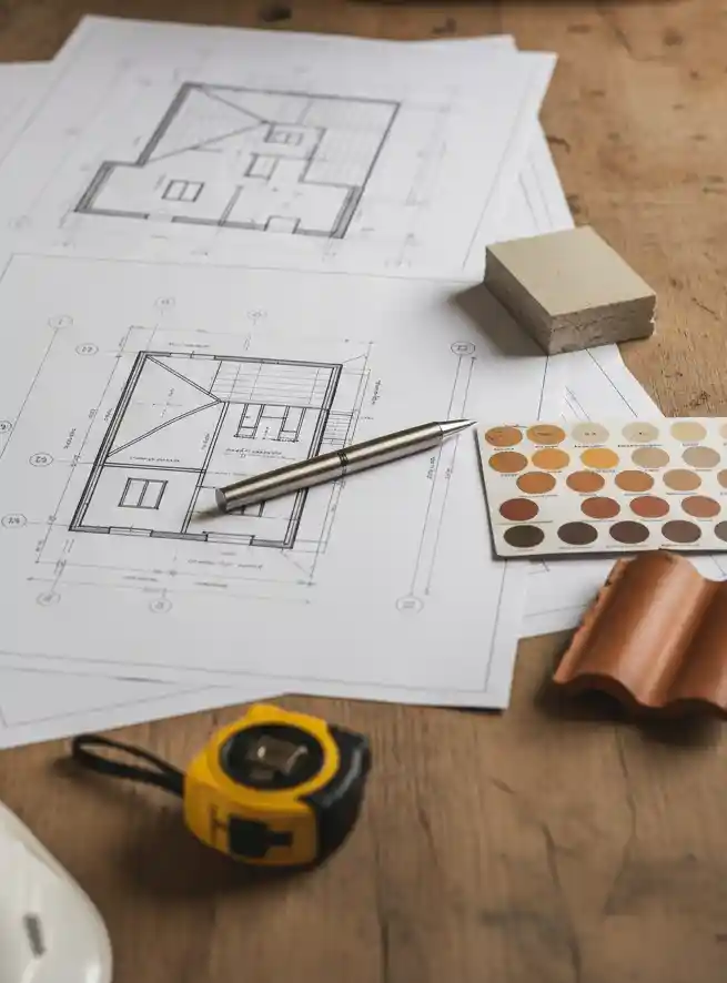bureau avec plan du bqtiment et des nuancier pour preparer le chantier