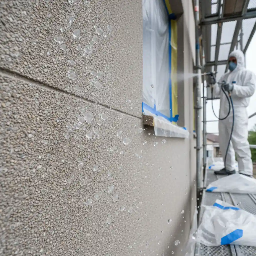 Traitement de façade : application d’un hydrofuge incolore à l’airless sur crépi, test de perlage