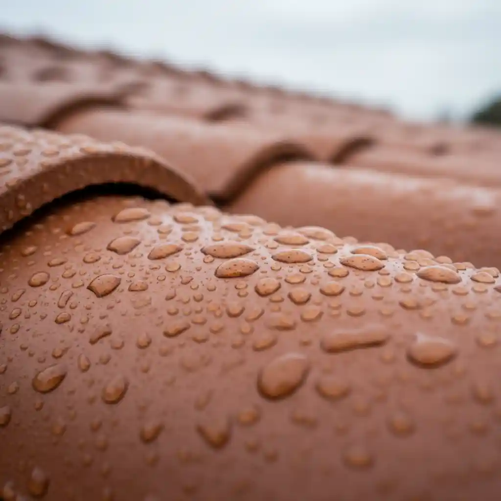 Macro photo de tuiles en terre cuite avec des gouttelettes d'eau formant un parfait effet perlant après traitement hydrofuge.