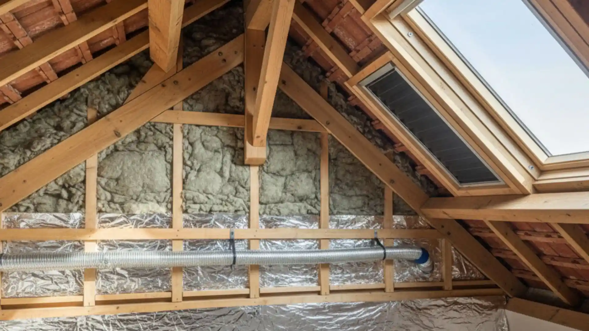 Vue en coupe des combles d'une maison montrant l'isolation multicouche, la laine minérale, les conduits de ventilation et une fenêtre de toit.