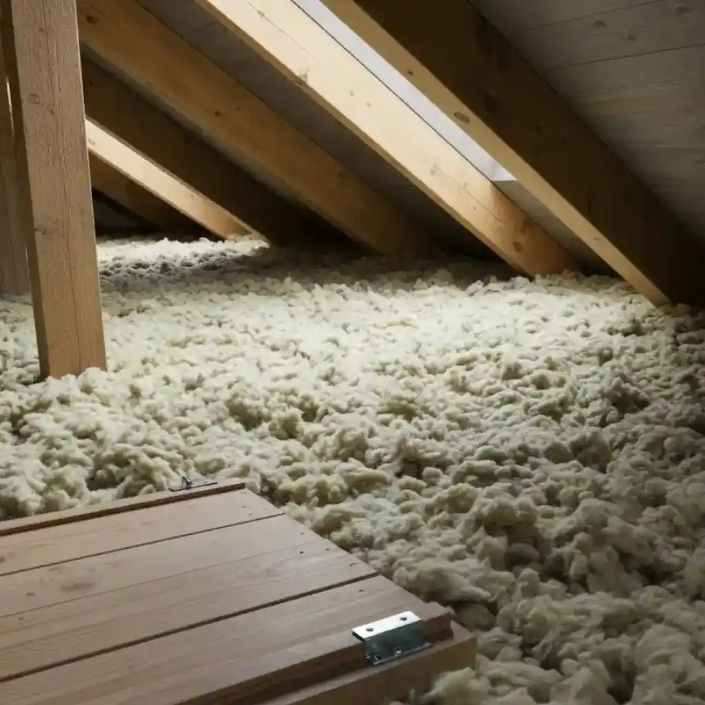 Photo détaillée d'un plancher de combles isolé avec de la laine de roche soufflée de 325 mm d'épaisseur entre les fermes en bois et une trappe.