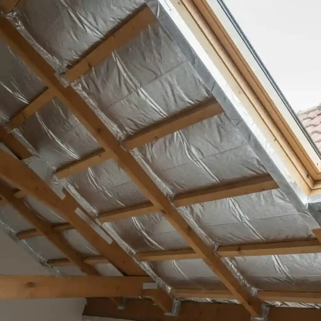 Isolation mince réflective multicouche installée sous une toiture inclinée, tendue entre les chevrons avec fenêtre de toit.