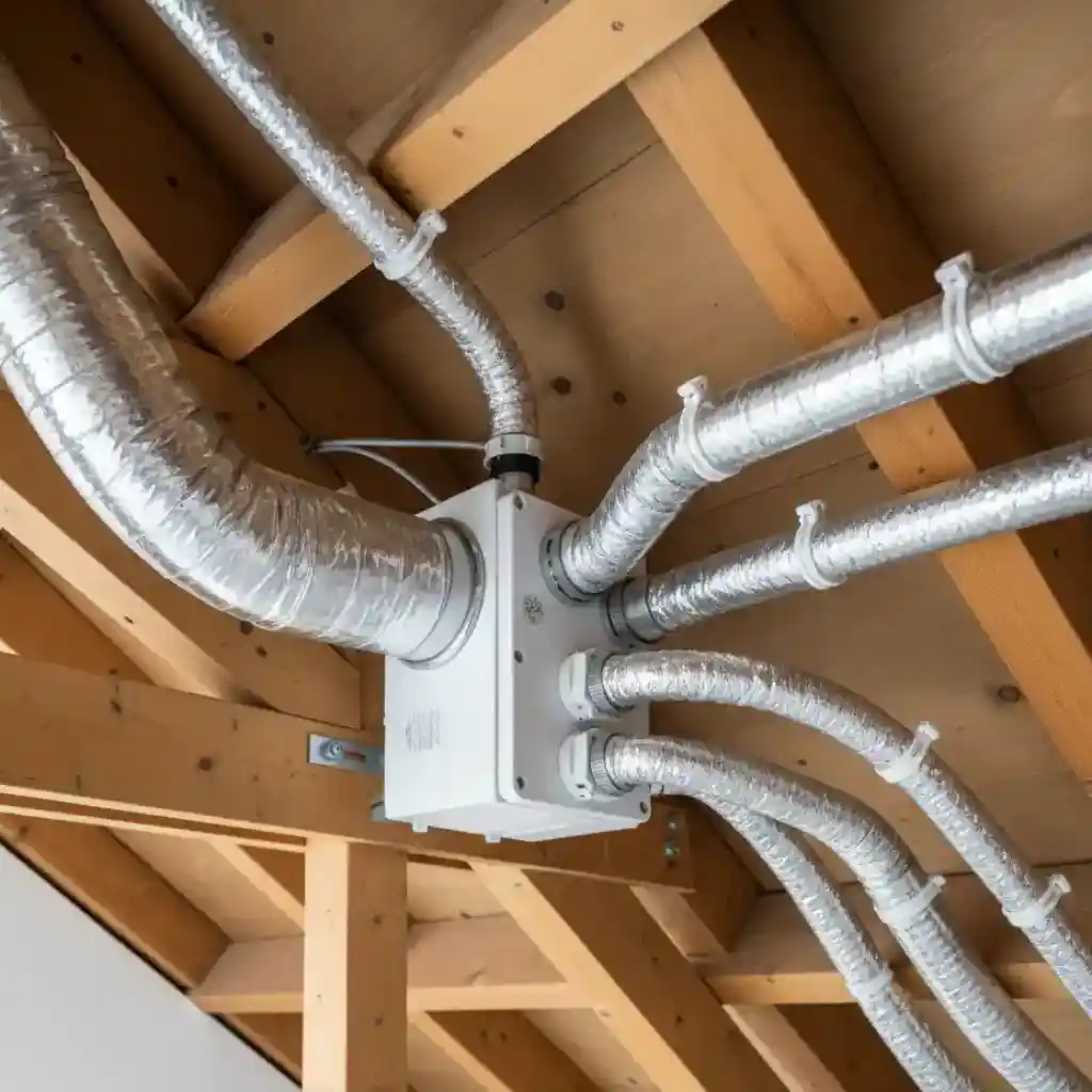 Unité de VMC hygroréglable blanche avec gaines flexibles isolées soigneusement installée dans un comble technique propre.