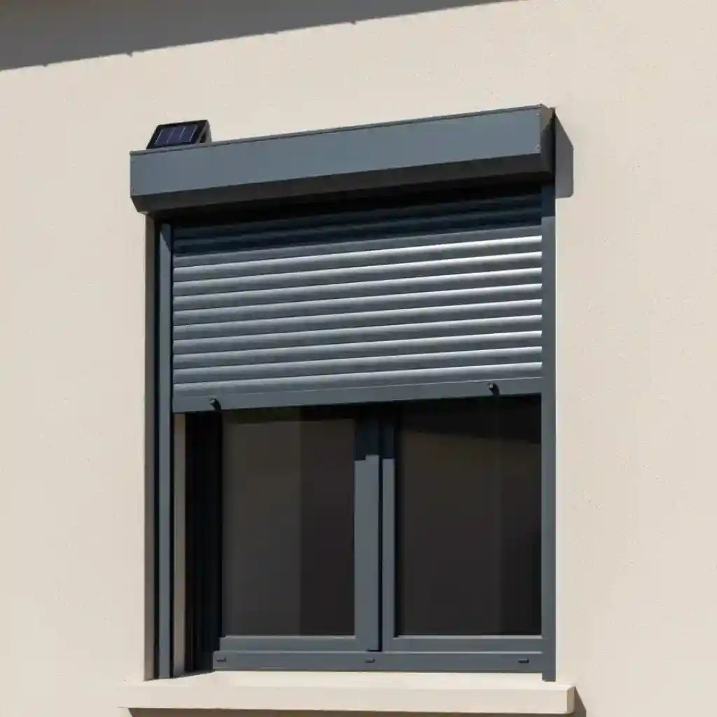 Fenêtre de maison moderne équipée d'un volet roulant solaire en aluminium gris avec lattes double paroi, cellule photovoltaïque visible.