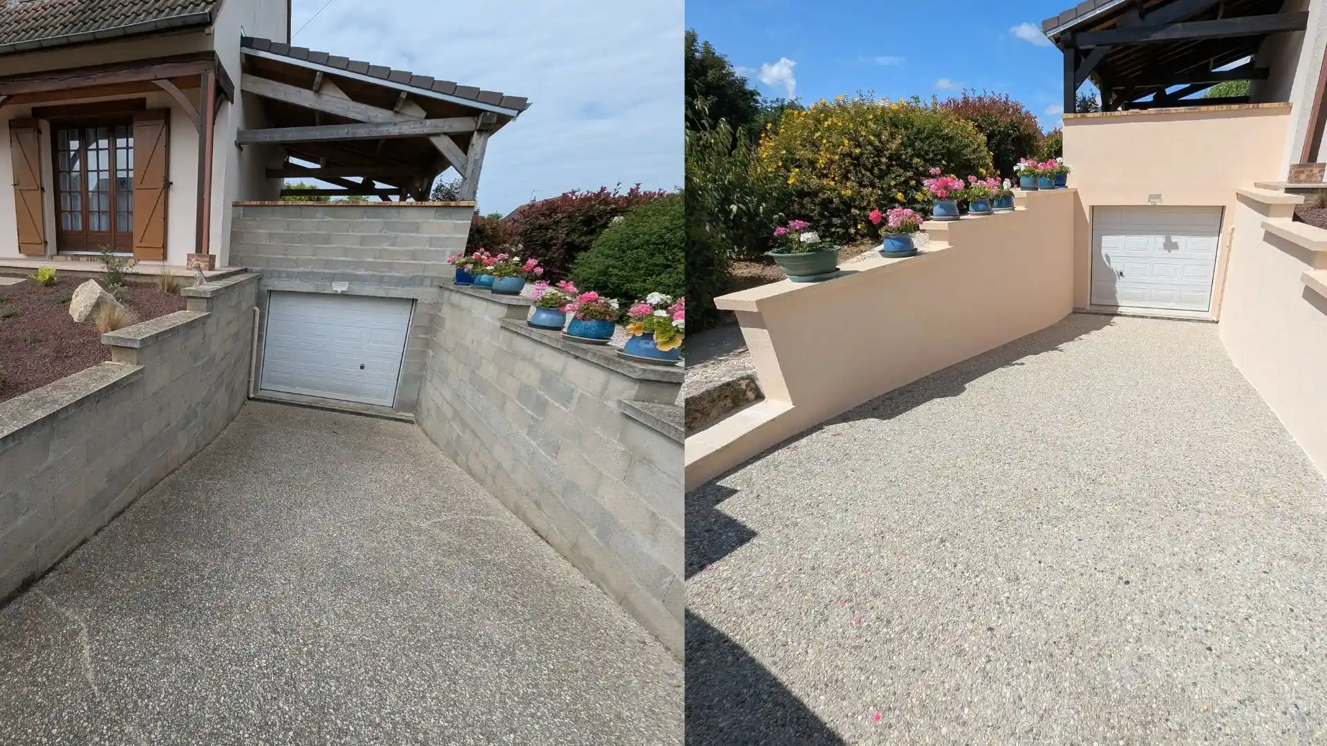 Photo-Avant-Après-Mur-Descente-Garage-Parpaings-Bruts-Surface-A-Revêtir-Luisant