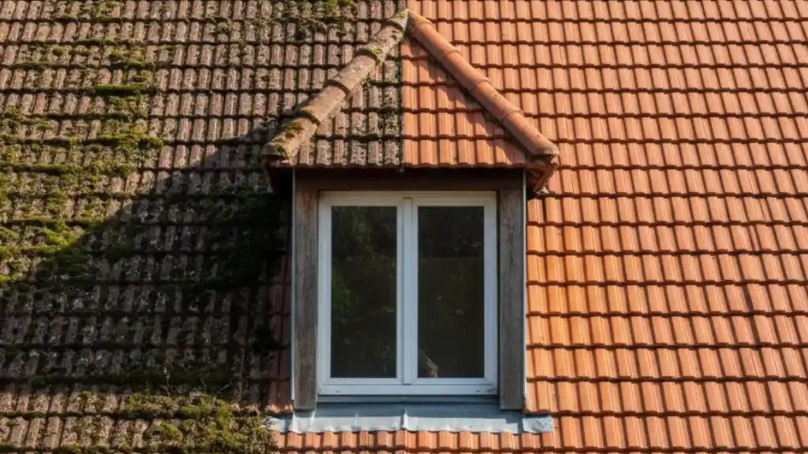 Démoussage de toiture en cours : pulvérisation du traitement anti-mousse sur une maison près de Chartres