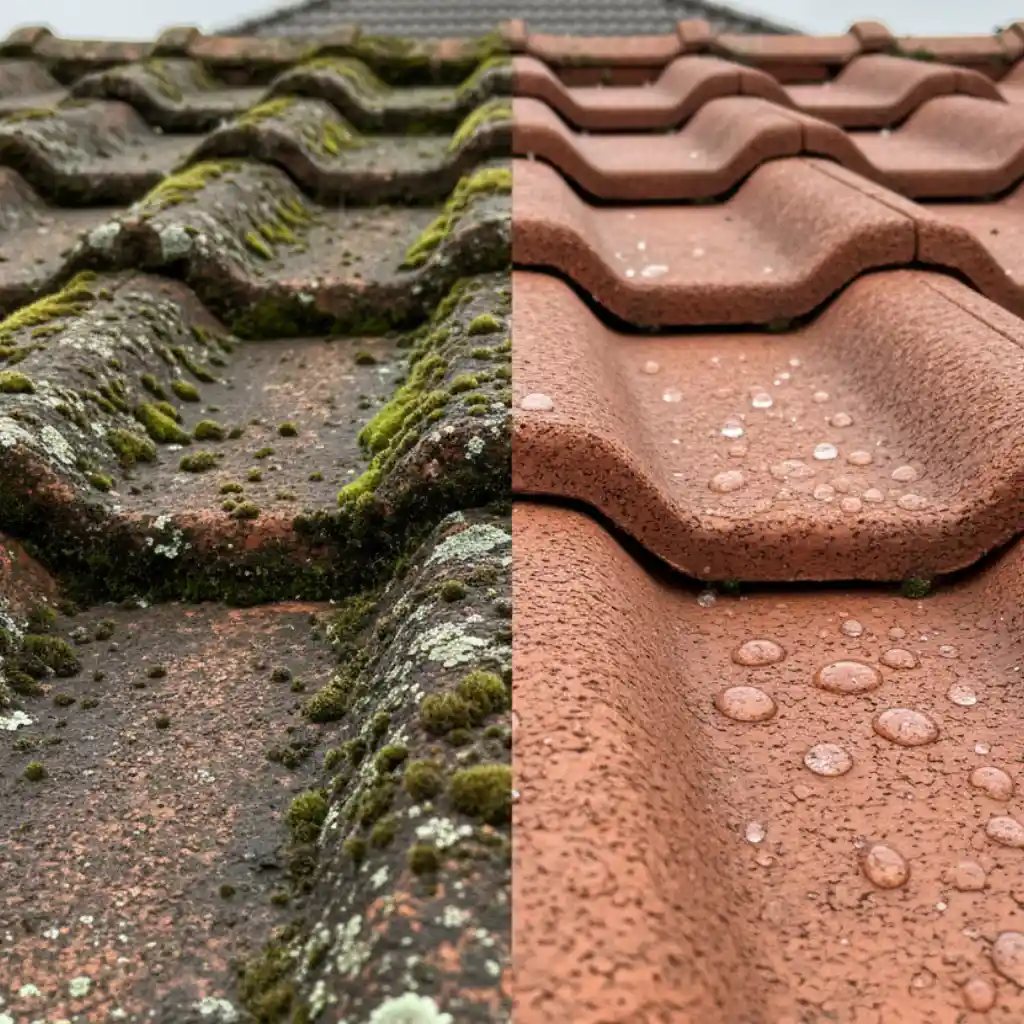 Gros plan sur une section de toiture : mousses et lichens à gauche, tuiles traitées avec effet perlant et gouttes d'eau à droite.