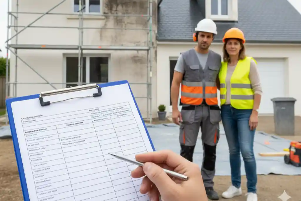 un devis avec un couple et un chantier de ravalement de facade en fond d'image