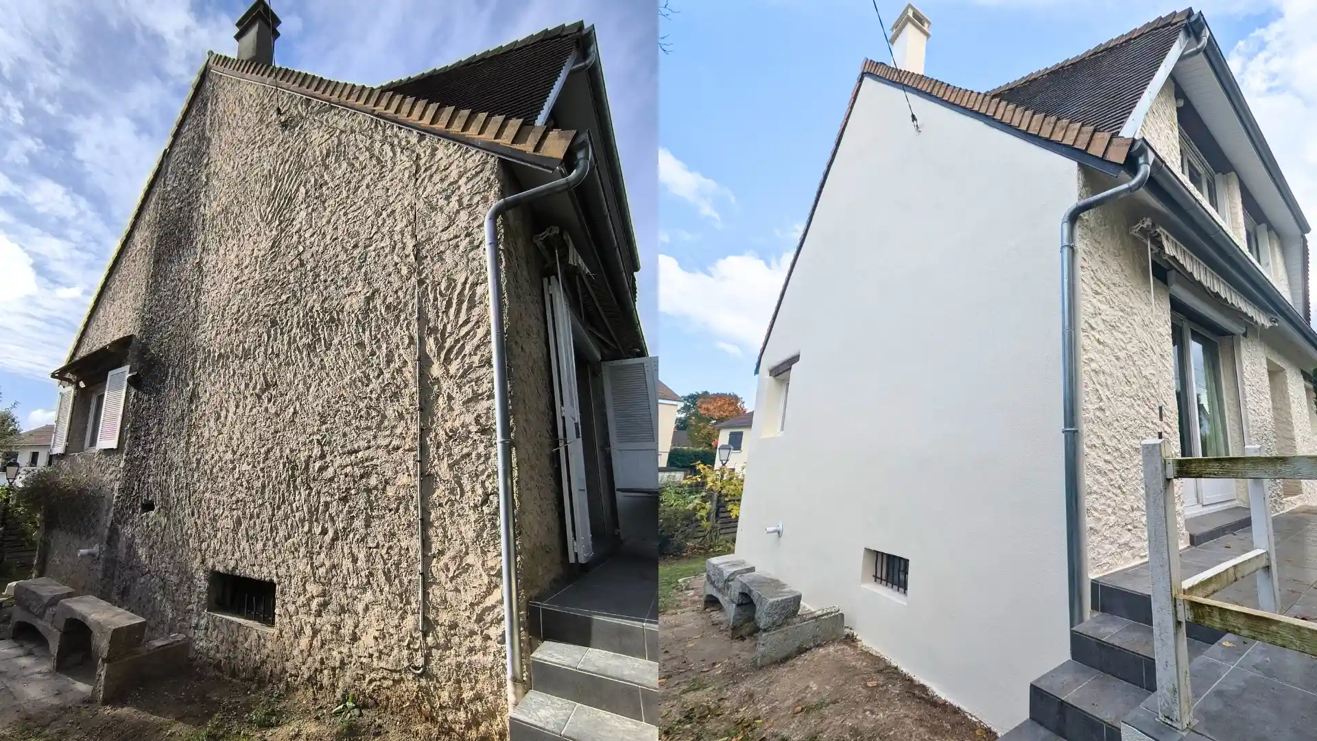 Comparaison avant-après du ravalement de façade sur un pignon de maison. À gauche, l'ancien enduit terne et sali; à droite, le nouveau crépi blanc immaculé après rénovation
