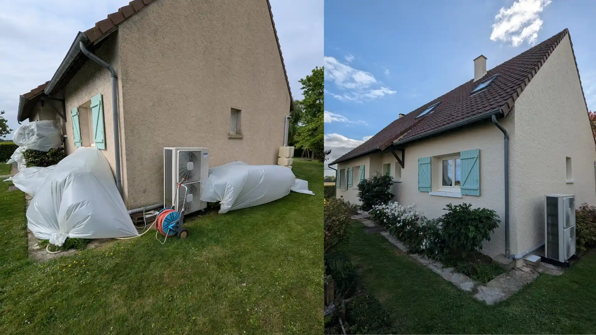 Chantier de ravalement à Ablis protection intégrale des sols et traitement des façades encrassées