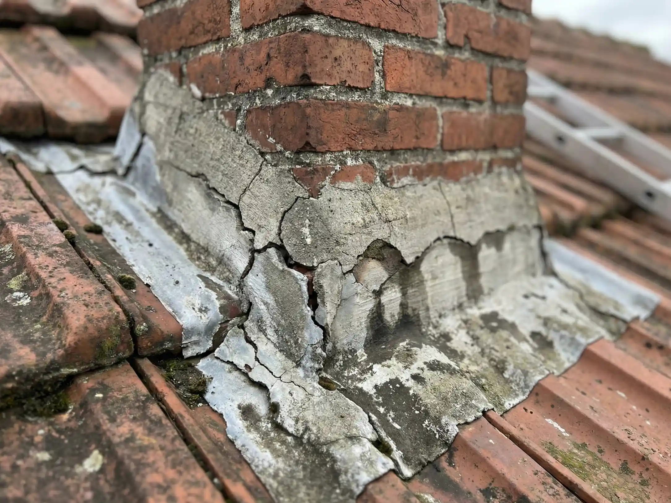 Solin de cheminée fissuré en ciment sur toiture tuiles à Chartres avant réparation par A.F.G