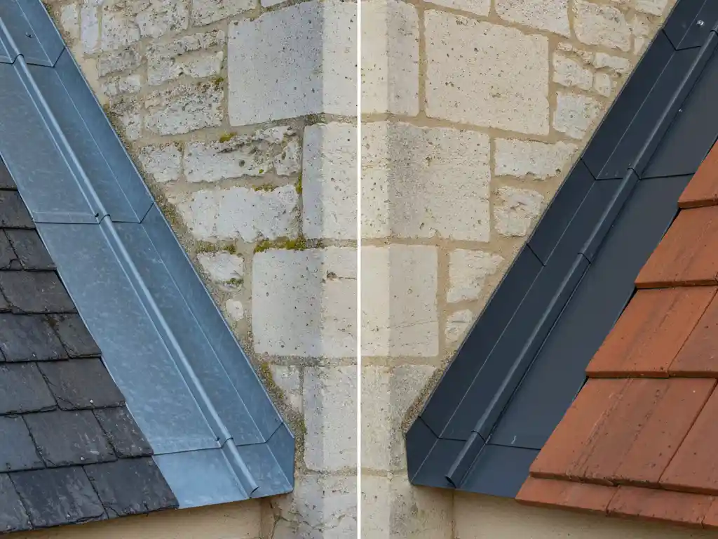 Comparaison entre un solin de toiture en zinc gris naturel sur ardoises (gauche) et un solin en aluminium laqué gris anthracite sur tuiles (droite). Comparaison entre un solin de toiture en zinc gris naturel sur ardoises (gauche) et un solin en aluminium laqué gris anthracite sur tuiles (droite).