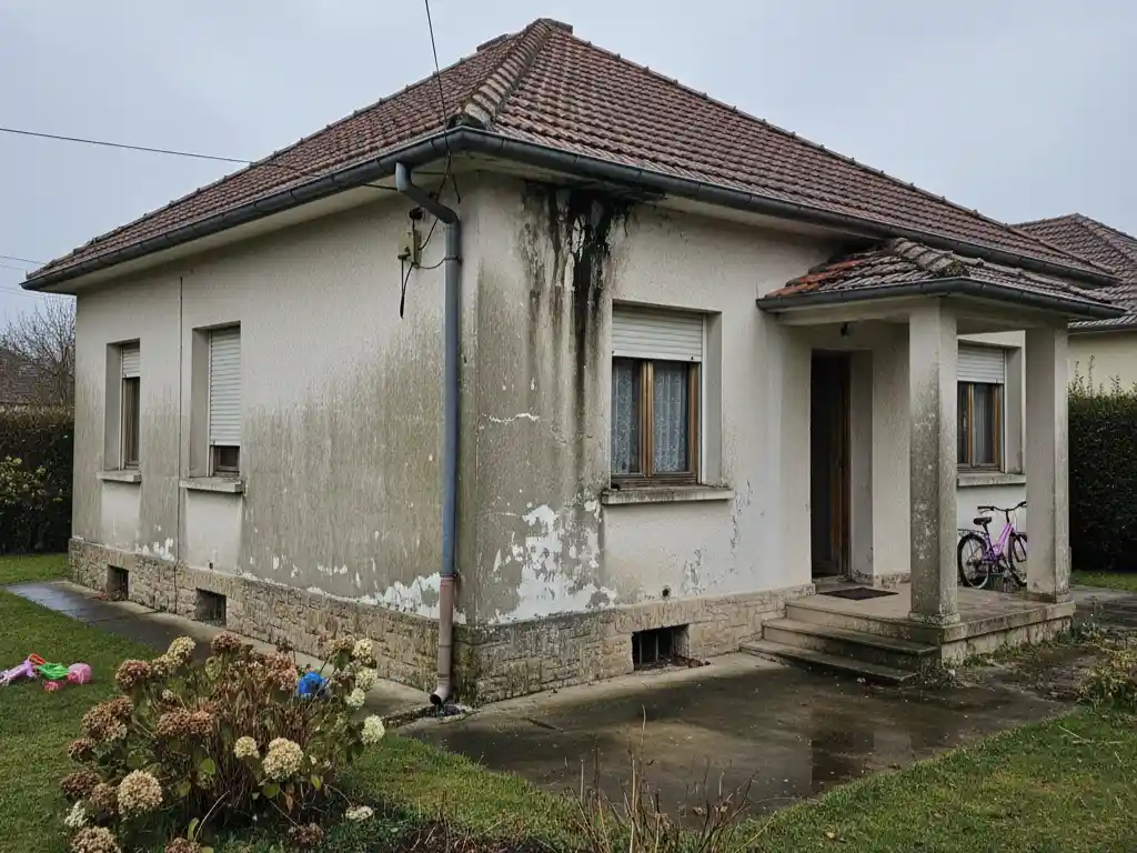 Maison ancienne présentant d'importantes traces d'humidité et de moisissures sur la façade dues à un défaut d'étanchéité de la toiture Maison ancienne présentant d'importantes traces d'humidité et de moisissures sur la façade dues à un défaut d'étanchéité de la toiture