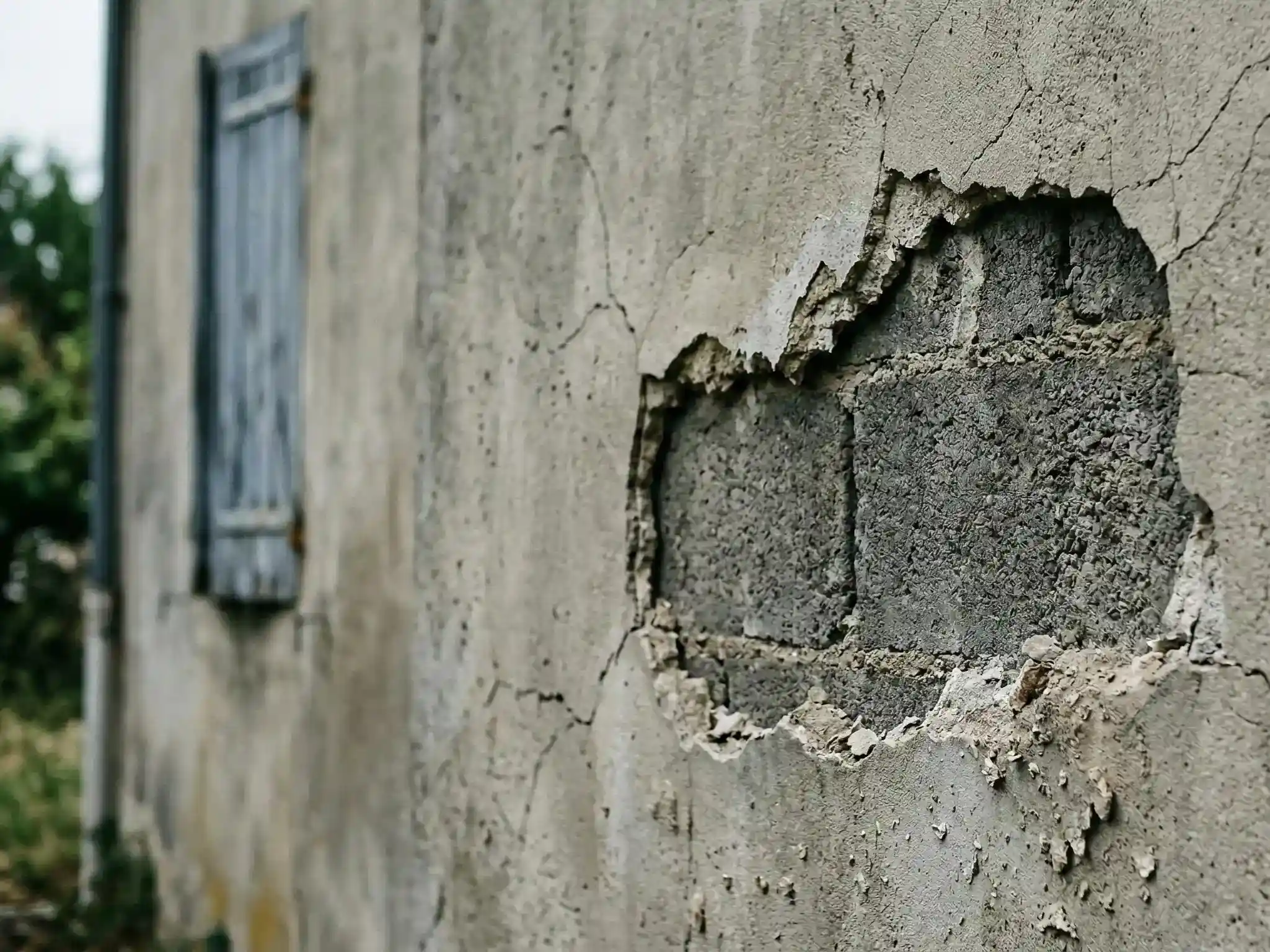 Photo chantier de crépi extérieur décollé laissant apparaître le support maçonné sur une façade à Chartres