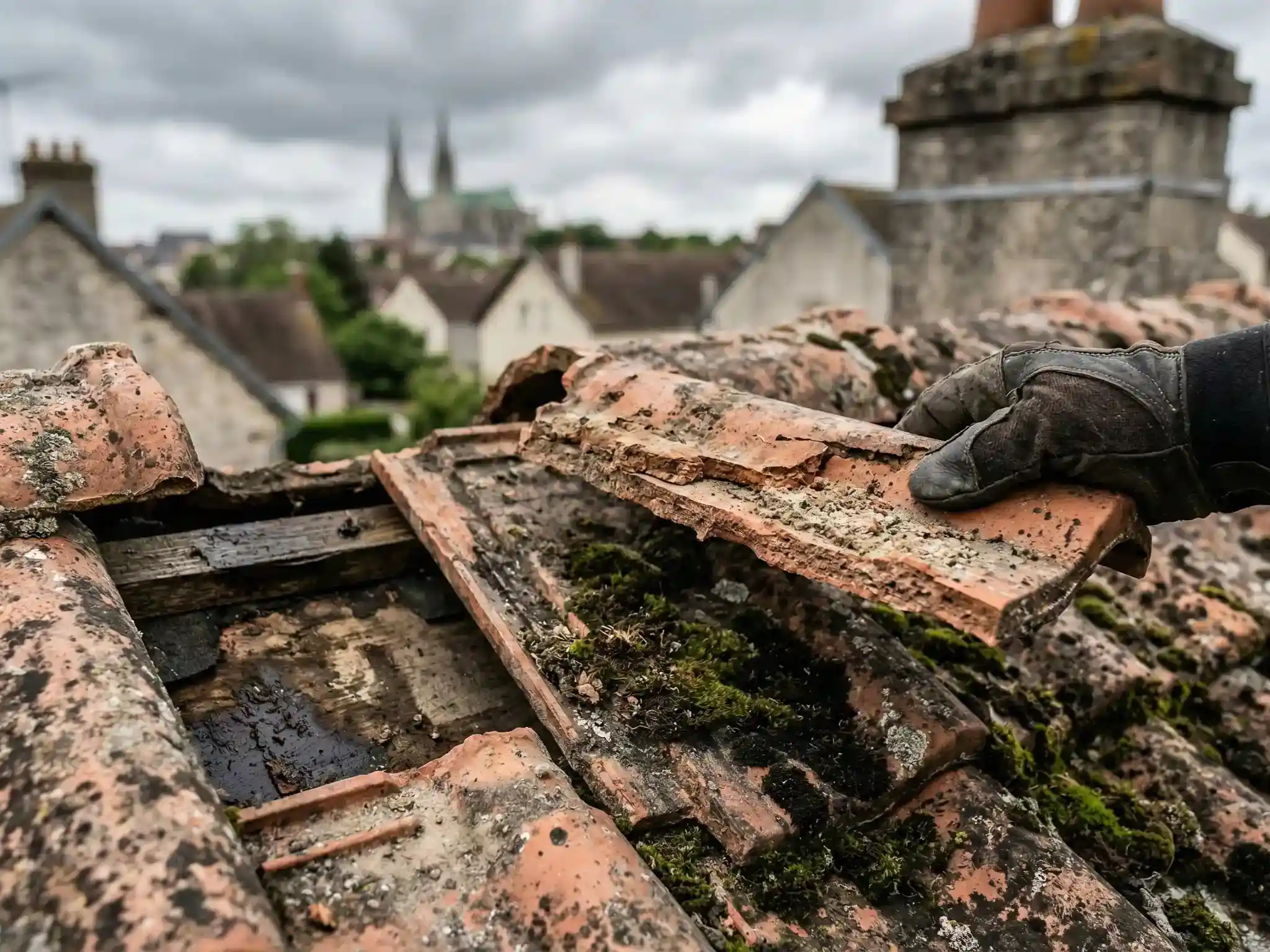 Tuile en terre cuite poreuse et endommagée sur une toiture à Chartres. La tuile est couverte de mousse et de lichen Tuile en terre cuite poreuse et endommagée sur une toiture à Chartres. La tuile est couverte de mousse et de lichen