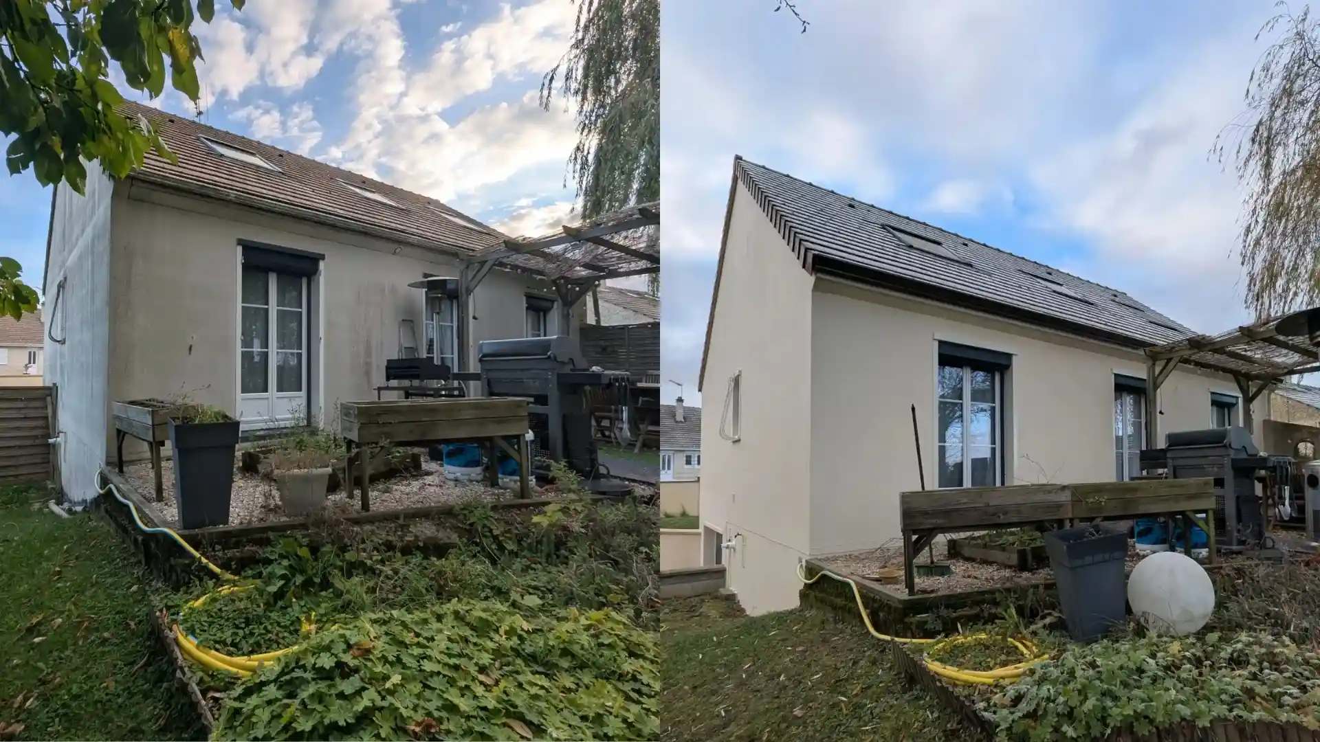 avant apres chantier ravalement de facade a Ablis -Traitement fissures, peinture façade I1R et zinguerie aluminium avant apres chantier ravalement de facade maison a Ablis -Traitement fissures, peinture façade I1R et zinguerie aluminium