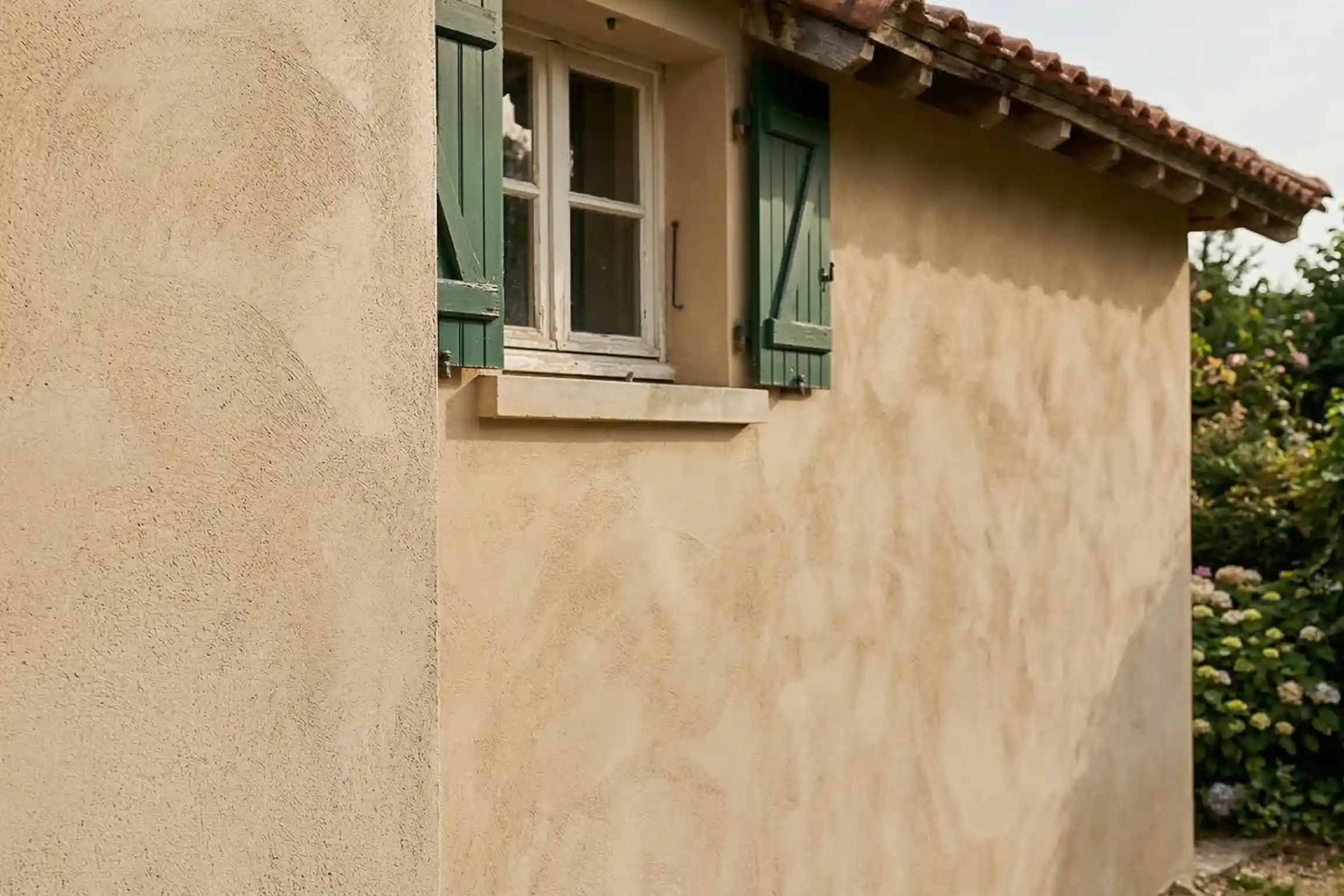 Enduit de façade extérieur taloché grain fin sur maison traditionnelle, ravalement réalisé par un artisan professionnel
