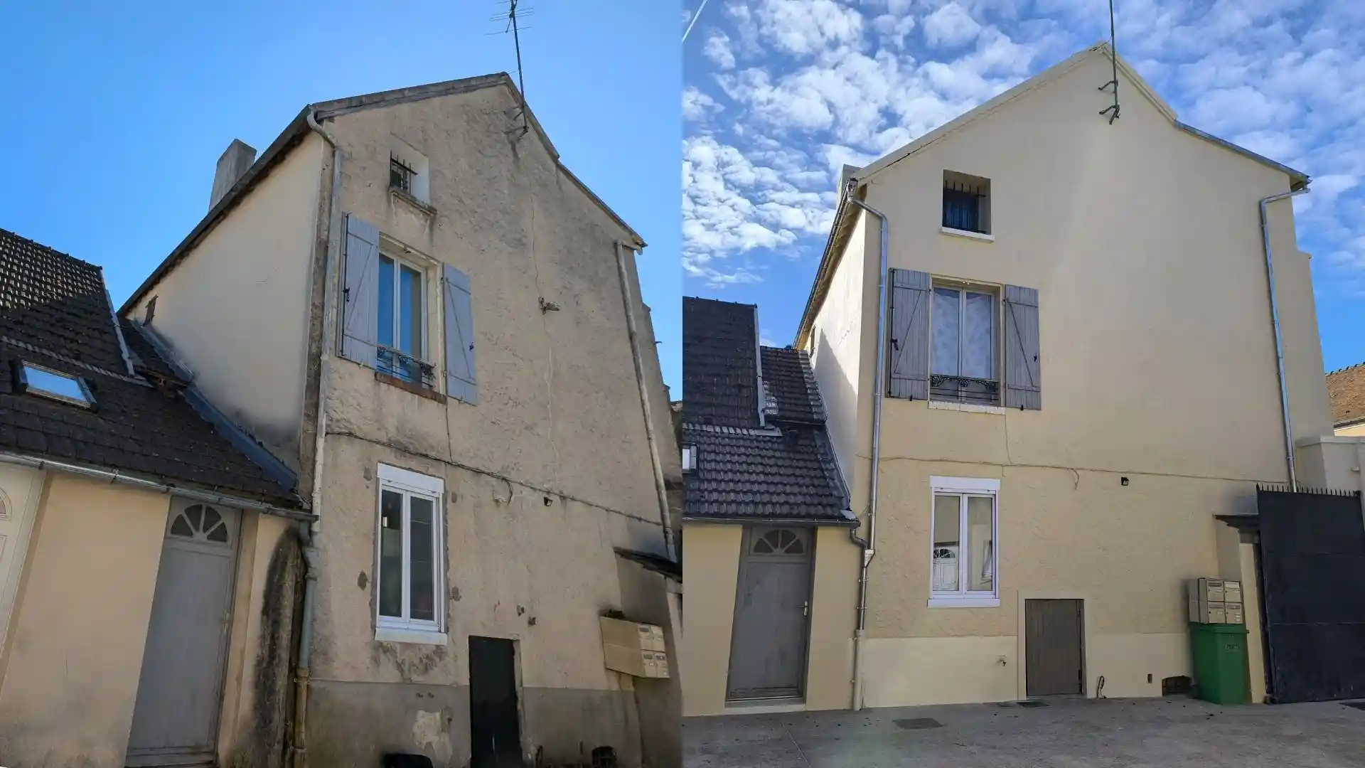 Comparaison avant et apres du ravalement de la facade laterale a Ablis, montrant la transformation dun mur encrasse et abime en une surface propre et restauree