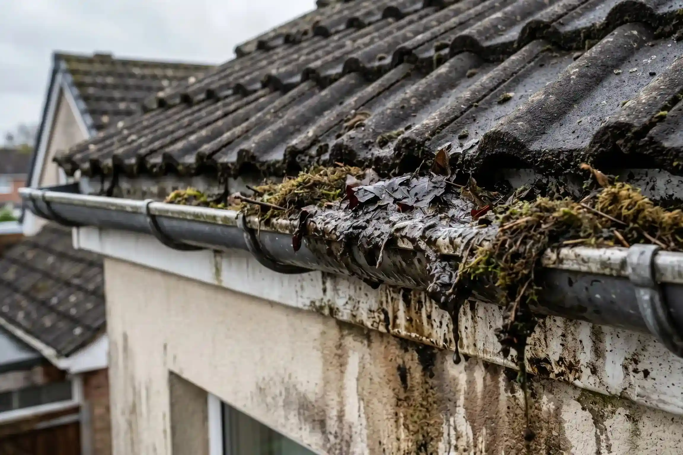 Gouttiere en aluminium bouchee par des feuilles mortes et des debris avec traces d infiltration sur la facade d une maison