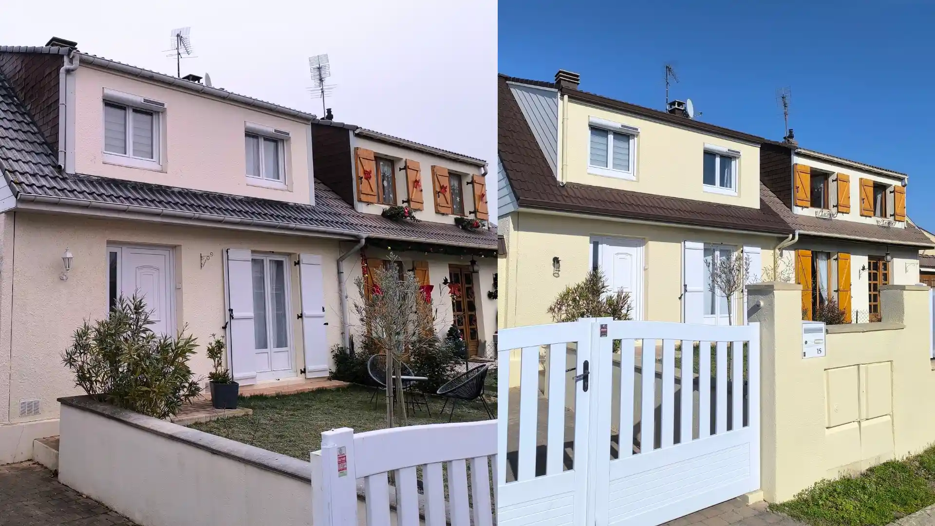 avant apres renovation exterieure complete maison ablis facade ravalement jaune toiture hydrofuge brun nouveau bardage pvc et gouttieres alu panneau entreprise afg