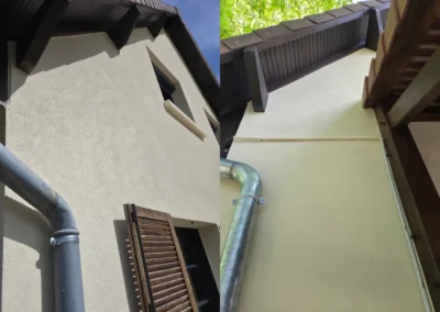 gros plan comparatif facade avec gouttiere neuve zinc avant apres ravalement maison bonnelles 78