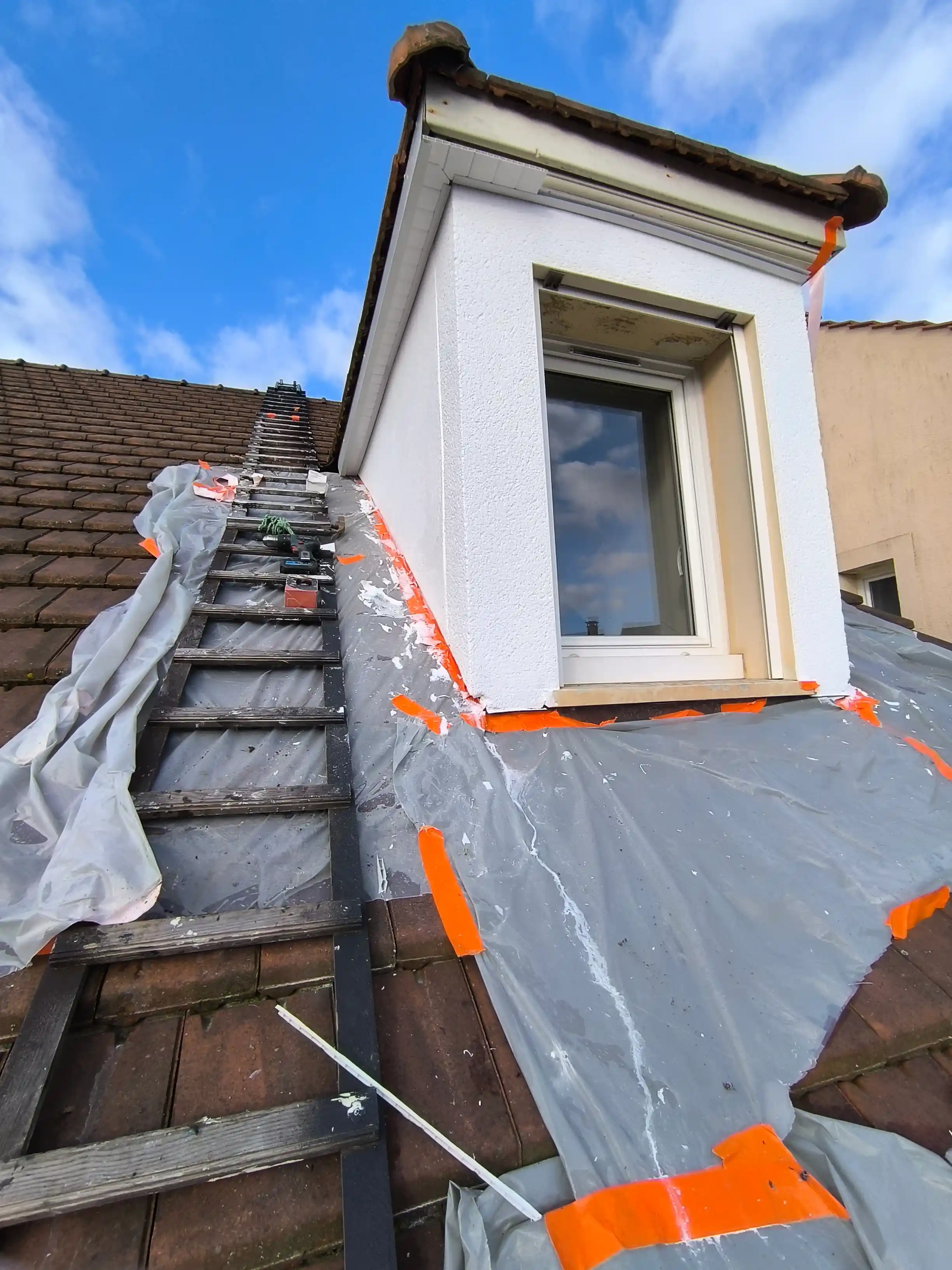 Toiture protégée avant un traitement anti-mousse par temps sec
