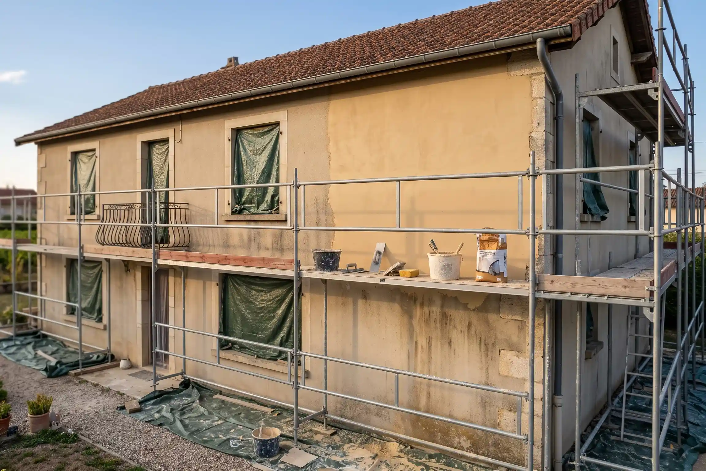 chantier-ravalement-facade-echafaudage-maison chantier ravalement facade echafaudage maison